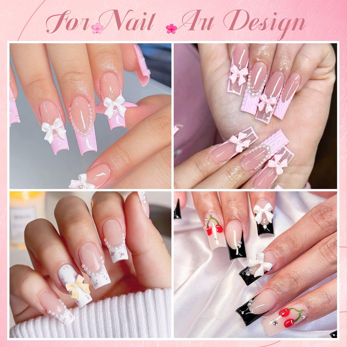 3D Nail Charms and Gems Set 5, 75PCS Chunky Coquette Pink and White Bow Nail Charms + Kawaii Cute 3D Flowers for Nails + Clear and AB Glass Rhinestones + Flatback Pearls for Y2K Acrylic Nail Design