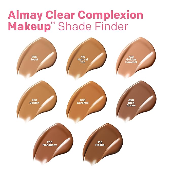 Almay Clear Complexion Acne Foundation Makeup with Salicylic Acid - Lightweight, Medium Coverage, Hypoallergenic, Fragrance-Free, for Sensitive Skin, 910 Mocha, 1 fl oz.