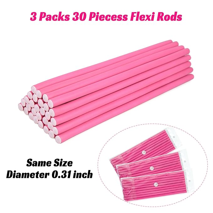 30PCS 9.45" Heatless Flexible Curling Rod, Skinny Small Flexi Rod Soft Twist Foam Hair Rollers for Tight Curl Women Girl Home Use Long and Short Hair (0.31 x 9.45 Inch, Pink#)
