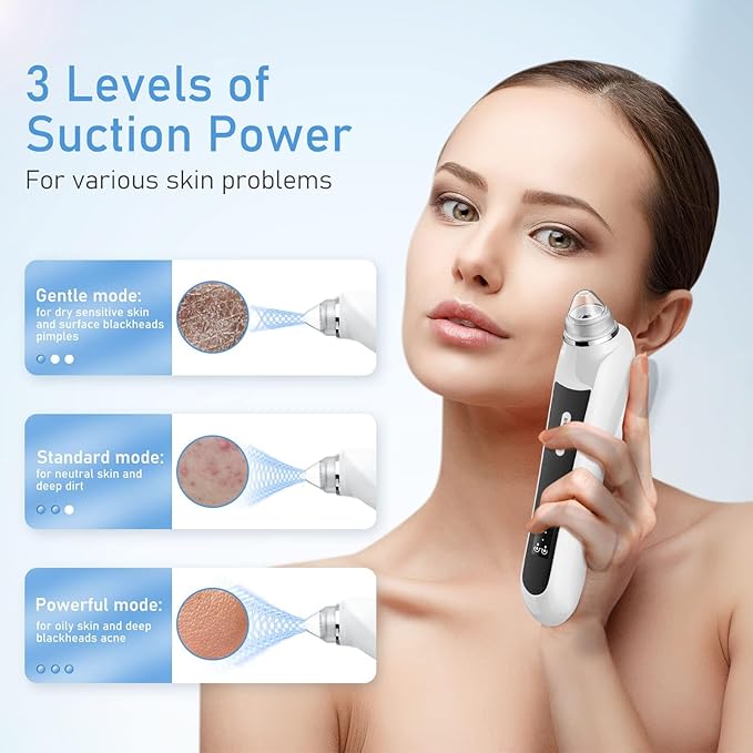 Facial Pore Blackhead Remover Vacuum, 1080P Camera Blackhead Remover, 20x Zoom, 8 LEDs ＆ 3 Suction Modes, 800mAh Battery & USB - 6 Heads Pore Cleaner Kit for Women&Men(Black)