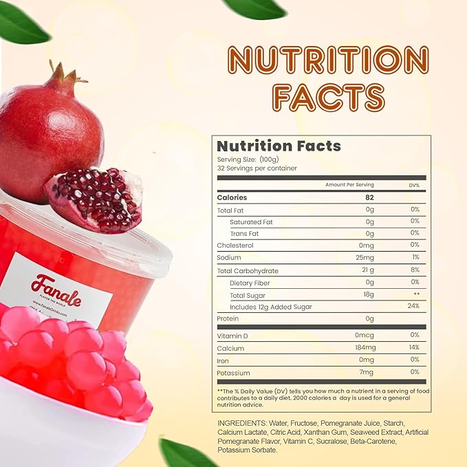 Fanale Pomegranate Popping Boba Pearls, Vegan, Non GMO, Gluten Free, Fat Free, Perfect for Bubble Tea, Smoothies, Ice Cream, Desserts, and Beverages.