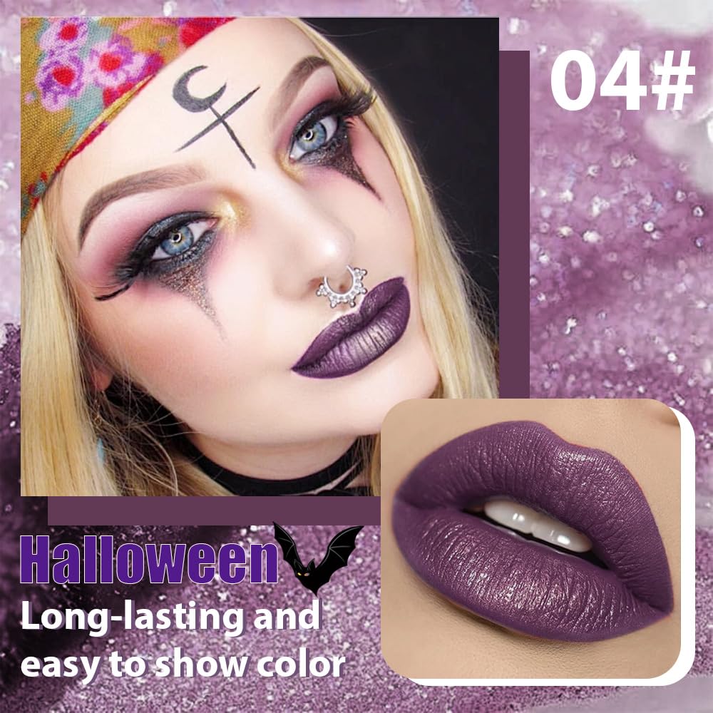 Dark Purple Metallic Lipstick for Women,Glitter Sparkling Liquid Lipstick,Long Lasting Waterproof Lightweight Comfortable Non-Drying Bold Dark Lip Gloss for Gothic Stage Makeup,Vegan