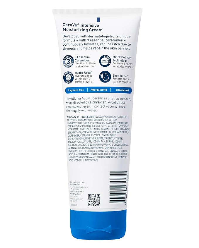 CeraVe Intensive Moisturizing Cream, Body Moisturizer With Shea Butter, 72H Hydration + Skin Barrier Repair, Fragrance-Free Body Lotion For Extremely Dry Skin, 8oz