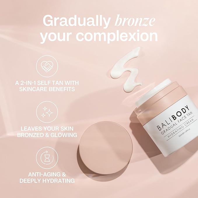 Bali Body Gradual Face Tan | Daily Facial Moisturizer for Natural Looking Gradual Bronze Glow | Anti-Aging, Hydrating Cream for All Skin Types | Vegan, Cruelty Free, Australian Made (50 ml/1.69 fl oz)