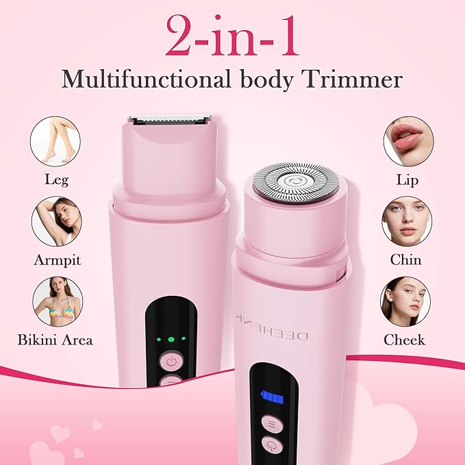 Bikini Trimmer Razors Shaver for Women: DEEHENK 2-Speed Electric Razor for Pubic Hair Dual Head Shaver Women IPX7 Waterproof Rechargeable Lady Trimmer for Bikini Underarm Body Leg Face Pink