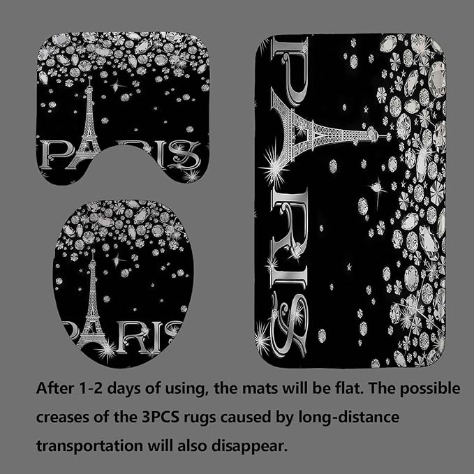 4PCS Eiffel Tower Shower Curtain Set, Luxury Jewelry Rhinestone Bling Diamond Paris Bathroom Decor, Waterproof Fabric Black Shower Curtain, Non-slip Bath Mat Toilet Lid Cover Bathroom Rugs