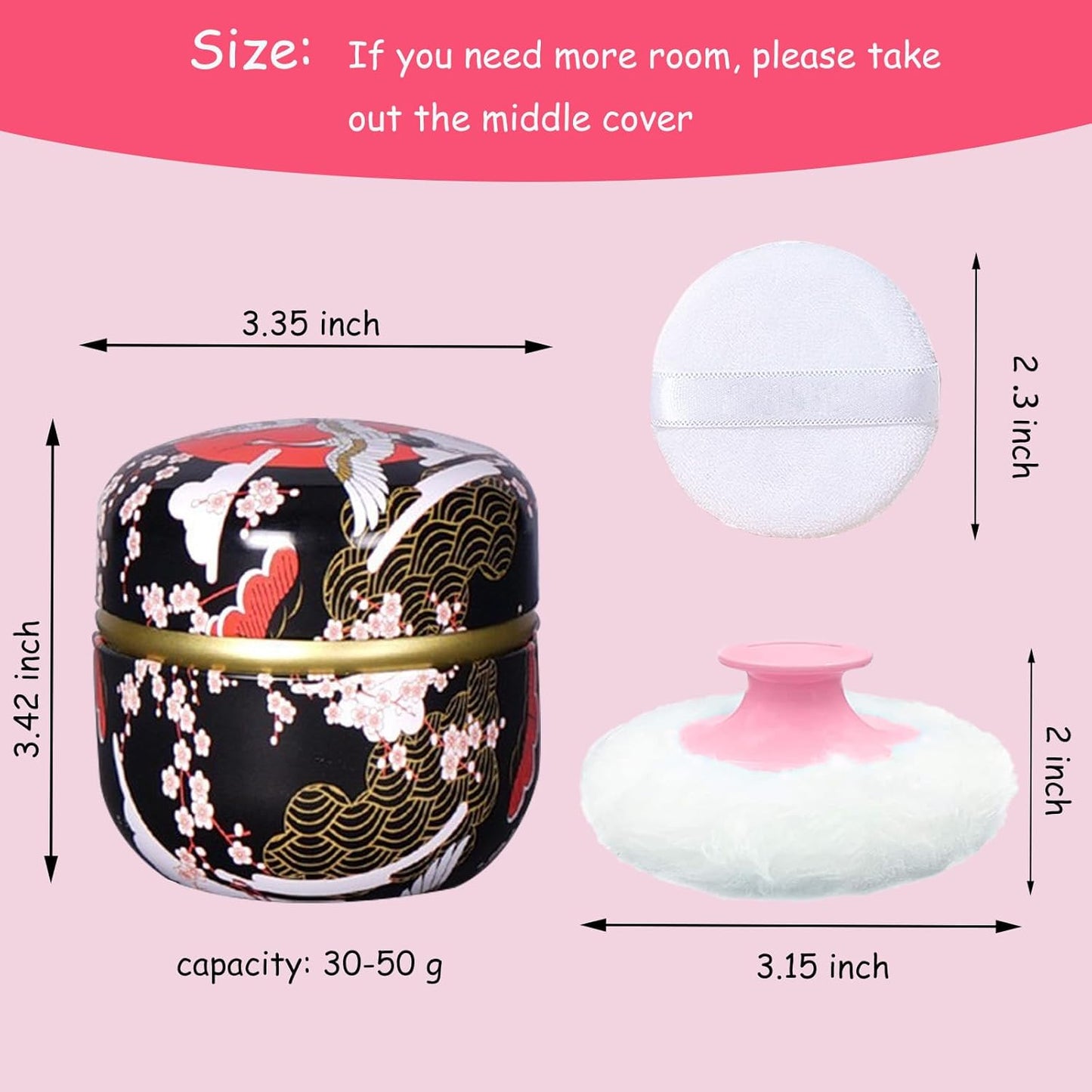 Body Powder Puff and Container for Dusting Powder, Women Powder Puff and Powder Case for Bath and Travel (Crane Black)
