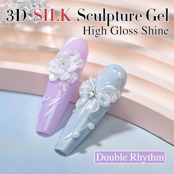 Double Rhythm 3D Nail Gel Pearl Solid Sculpting Gel for Nail Art Non-Sticky Hard Gel for Building Carving Molding Nail Extension Soak Off UV/LED Nail Art Salon Home DIY 0.5 Oz (Silver-Silk 01)