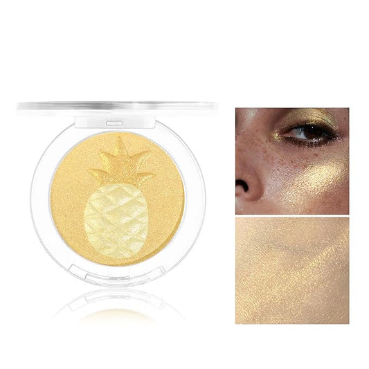 Glitter Highlighter Makeup, 3-In-1 Compact Shimmer Glitter Powder Makeup Blush Face Body Highlighter Illuminator, Silky Smooth Longlasting Lightweight Face Luminizer Bronzer (#02 Pineapple)