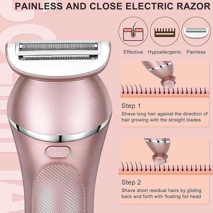 Hatteker Electric Shaver for Women Lady Epilator Electric Razors Kit Hair Remover for Face Chin Arm Leg Armpit Bikini Trimmer Painless Waterproof USB Rechargeable Dry Wet with Detachable Head 3 in 1