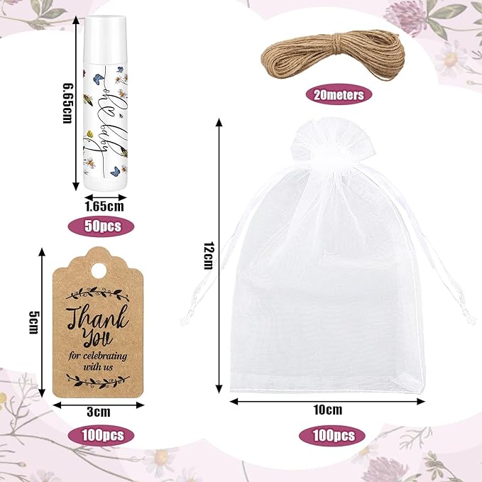 Demissle 50 Pcs Baby Shower Lip Balm Gift Set with 100 Pcs Organza Bags Baby Shower Party Favor for Guest Thank You Tag Rope Baby Shower Party Decoration Gender Reveal Souvenirs(Purple Flower)