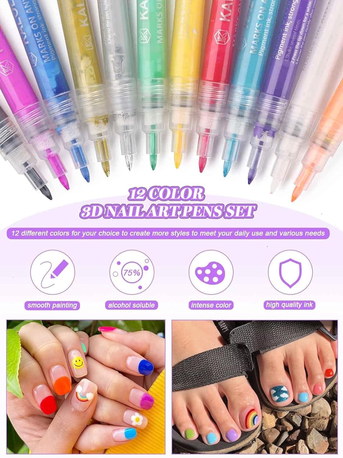 12 Color 3D Nail Art Pens Set, Kalolary Nail Point Graffiti Dotting Pen Drawing Painting Liner Brush for DIY Nail Art Beauty Adorn Manicure Tools