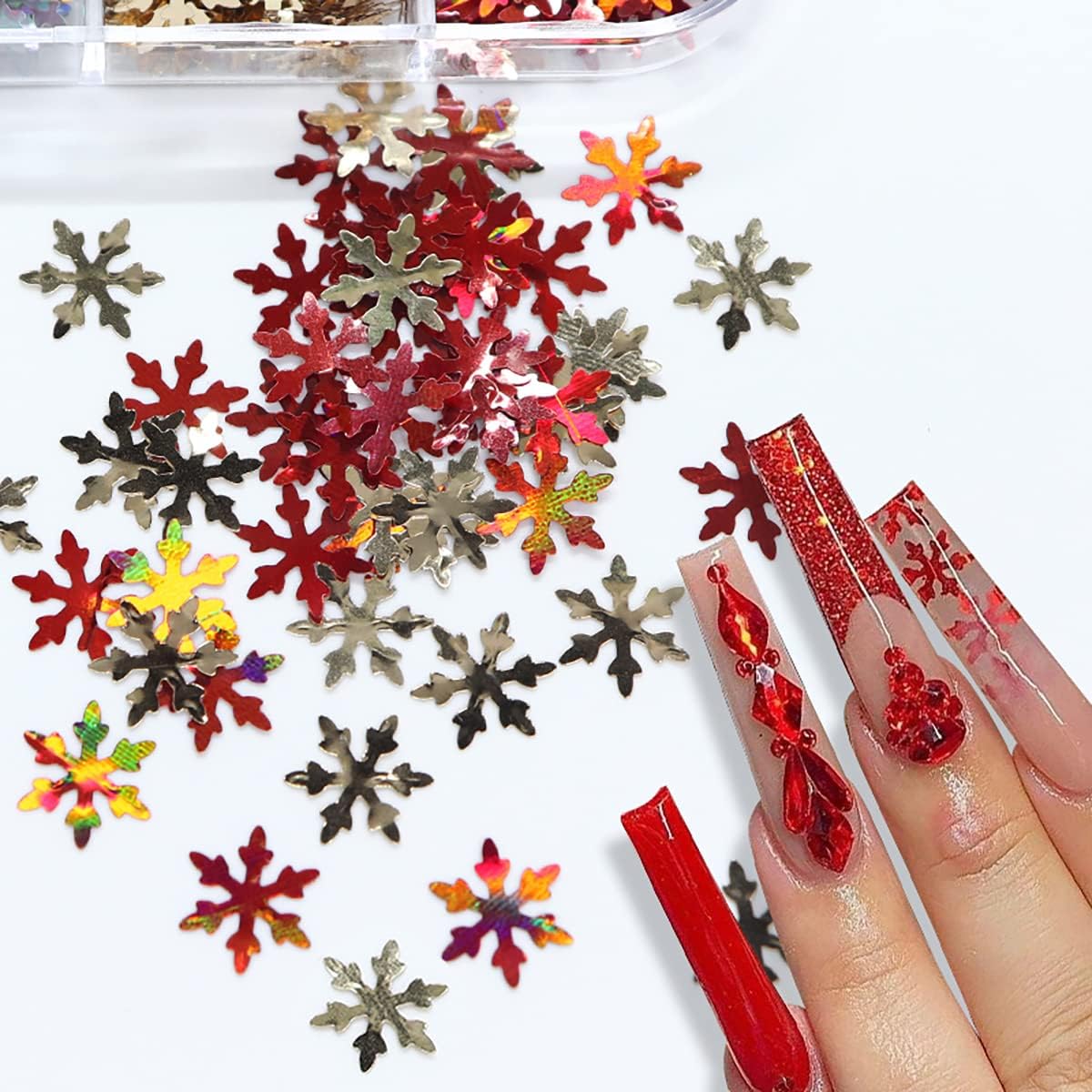 6 Grids Snowflake Nail Art Stickers Decals 3D Glitter Sequins Holographic Laser White Gold Silver Christmas Nail Art Flakes Winter Xmas Snow Glitter