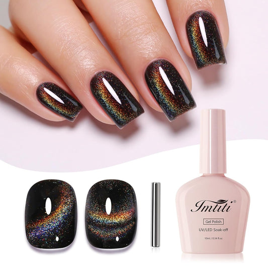 Imtiti Cat Eye Gel Nail Polish, Black Rainbow Holographic Magnetic Gel Polish With Magnet Glittery Iridescent Galaxy Nail Gel Polish Spring Summer Gel Polish Kit Soak Off UV Led 10ML