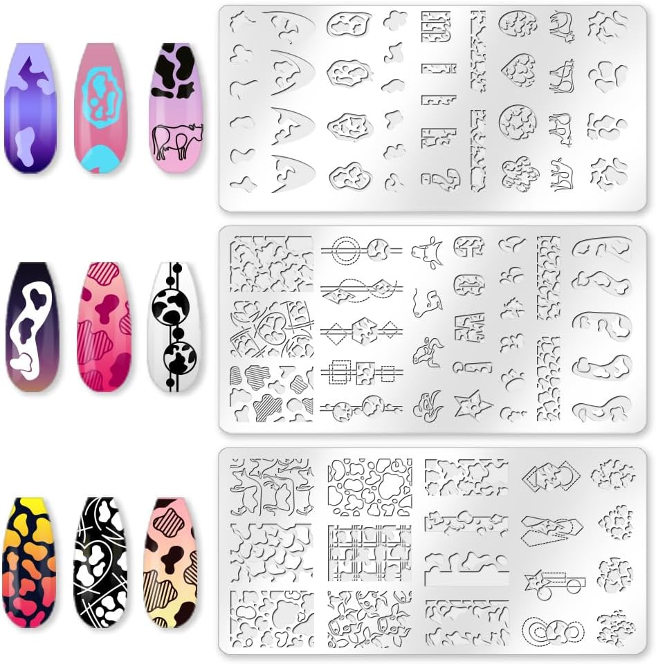 3Pcs Cute Cow Nail Stamping Plate Set Graffiti Spots Animal Heart ShapedStainless Steel Nail Templates Clear Silicone Nails Stamping with Stamper Scraper for Manicure Printing
