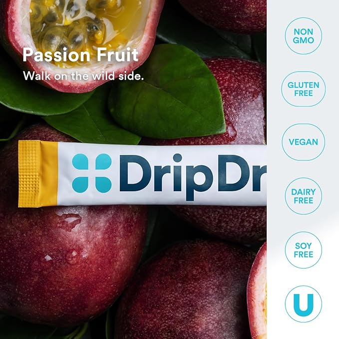 DripDrop Sugar Free Hydration Packets - Zero Passion Fruit - Single Serve Electrolytes Powder Drink Mix - Non-GMO, Gluten Free, Vegan - 32 Sticks
