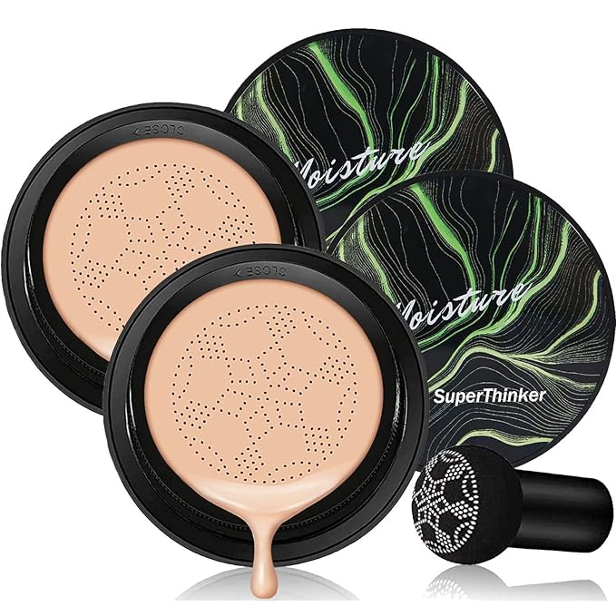 Air Cushion CC Cream Mushroom Head Cushion Foundation, BB Cream Face Makeup for Mature Skin Moisturizing Concealer Brighten Long-Lasting, Even Skin Tone for All Skin Types (2 PCS Nude)