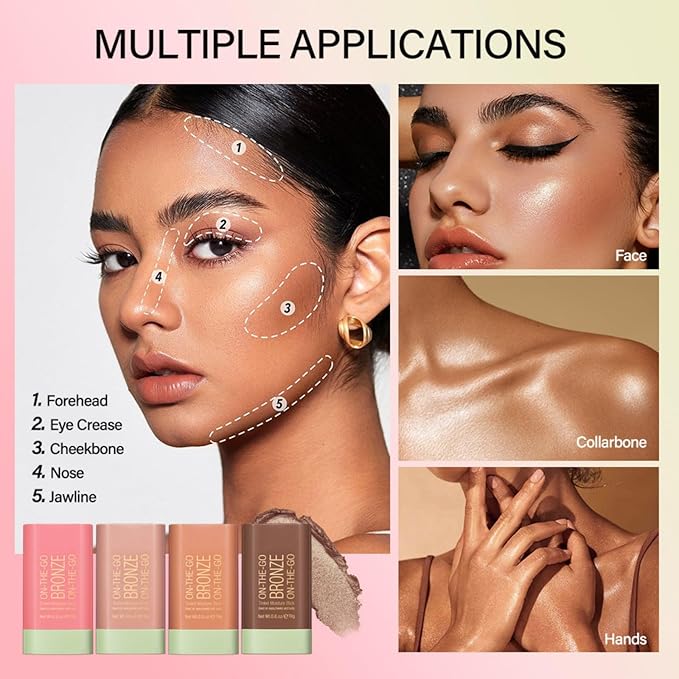 Bronzer Stick 4 Colors Blendable and Buildable Face Bronzer Face Shaping Long Lasting Cream Contour Bronzer Stick (02 Soft Glow)