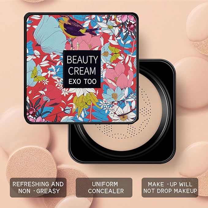 Beauty Cream EXO TOO Foundation, Beauty Cream Makeup Base, Moisturizing, Long Lasting Matte Air Cushion CC Cream Concealer with Two Mushroom Head Sponges