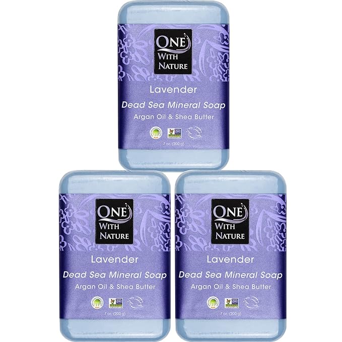 One With Nature Dead Sea Salt Lavender Soap 7oz 3-Pack – Soothing and Exfoliating Soap Bar with Dead Sea Minerals for Face & Body, for Men & Women