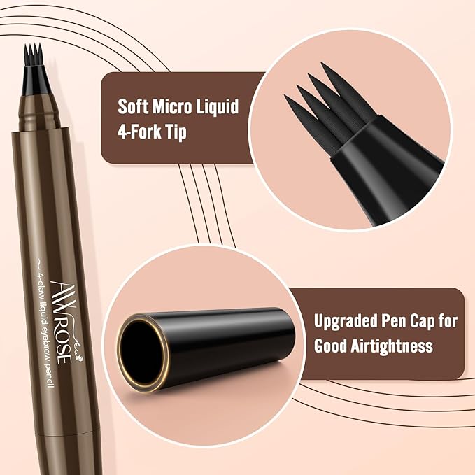 AWROSE Eyebrow Pencil, 2 Pack 3D Waterproof Microblading Eyebrow Pen 4 Fork Tip Tattoo Pencil, Precise Natural Magic Eye Brow Pen with Hair Like Strokes, 4 Points Multi-Used Eye Brow Pencils for Women