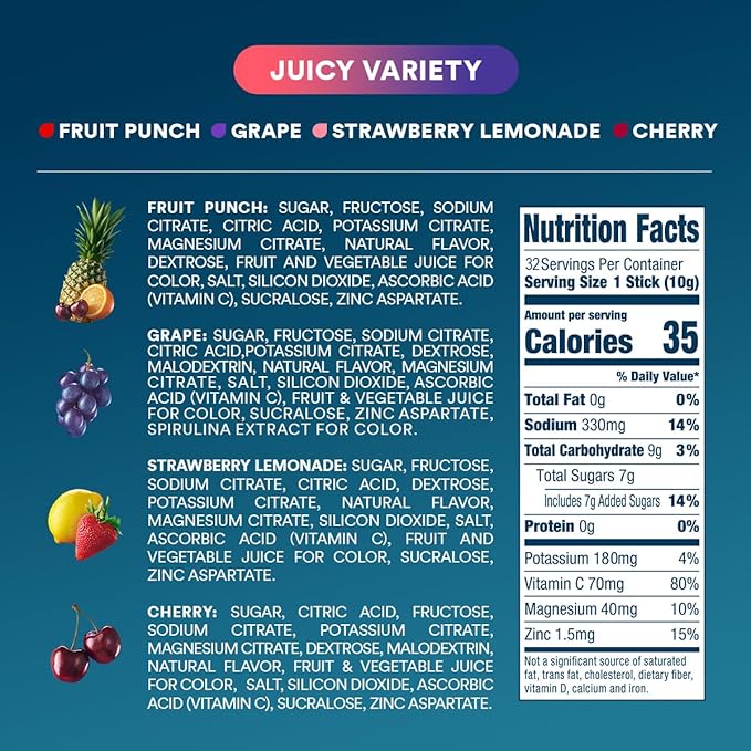 DripDrop Hydration Packets - Juicy Variety Pack - Single Serve Electrolytes Powder Drink Mix - Grape, Fruit Punch, Strawberry Lemonade, Cherry - Non-GMO, Gluten Free, Vegan - 32 Sticks