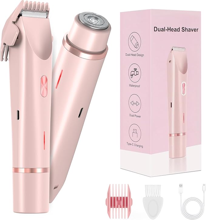 Bikini Trimmer for Women-2 in 1 Dual Head Electric Razors,USB Rechargeable Bikini Electric Shaver,IPX7 Waterproof Dry & Wet Use Body Hair Trimmer and Facial Hair Remover for Underarm Leg Body,Pink