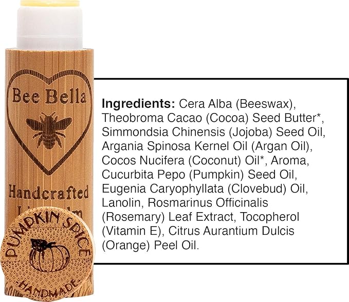Bee Bella Lip Balm Pumpkin Spice (3 Pack)- With Beeswax, Coconut Oil, Jojoba Oil, Vitamin E Oil, Argan Oil and More for Soft and Smooth Lips - Long-Lasting Moisture - Handmade in the USA