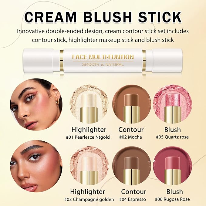6 Colors Cream Contour Stick Makeup Kit, Double-ended Cream Highlighter Stick Bronzer and Blush Stick for Sculpt the Cheeks, Matte & Dewy Finish, Face Contour Kit for Beginners, Set B