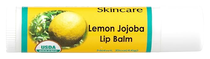 2-Pack Organic Lemon Lip Balm - USDA Certified Organic, 70% Organic Jojoba Oil, Organic Beeswax, Soothes and Softens Dry, Cracked, and Sensitive Lips, Natural Lemon Scent No Taste. 0.15 oz/4.6 gm