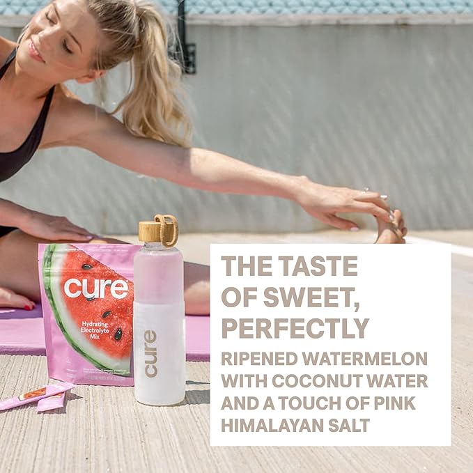 Cure Hydration | Plant-Based Electrolyte Drink Mix | No Added Sugar | Dehydration Relief Powder Made with Coconut Water | Non-GMO | Vegan | 28 Servings Jar - Watermelon