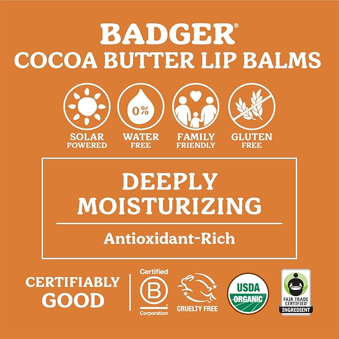 Badger - Cocoa Butter Lip Balm, Cool Mint, Certified Organic Lip Balm, Fair Trade, Lip Butter, Lip Balm Cocoa Butter, Cocoa Care Lip Balm, 0.25 oz (4 Pack)