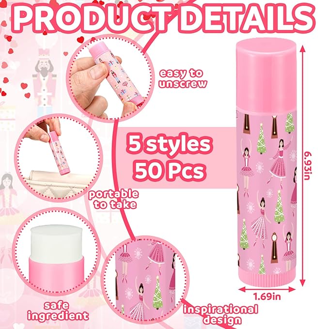 Dunzy 50 Pcs Christmas Lip Balm Gifts Bulk Pink Christmas Nutcracker Themed Lip Balm Xmas Lip Moisturize for Lip Care Xmas Holiday Party Stocking Stuffers, 5 Flavors