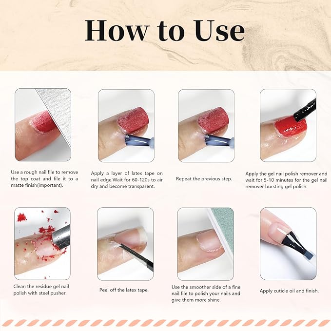 JODSONE Gel Nail Polish Remover Kit - Set with 15ml Gel Nail Polish Remover, Cuticle Oil and Latex Tape, and Complete Remover Manicure Tool Set, No Soaking