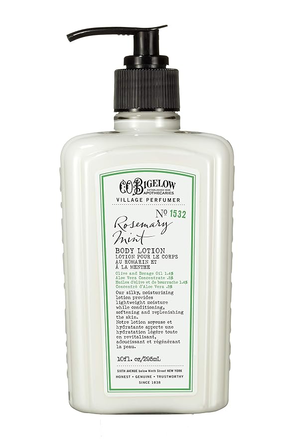 C.O. Bigelow Rosemary Mint Body Lotion, Village Perfumer Moisturizing Body Lotion with Aloe Vera, Borage Oil & Olive Oil, 10 Fl Oz