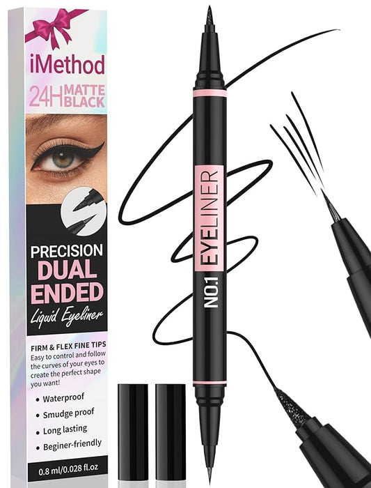 iMethod Liquid Eyeliner - Waterproof Eyeliner 2-in-1 Dual-Ended Eye Liner with Precise Brush-Tip and Thick Tip, Black Liquid Liner Pen, Matte Finish, Long Lasting, Smudge-proof, Transfer-proof