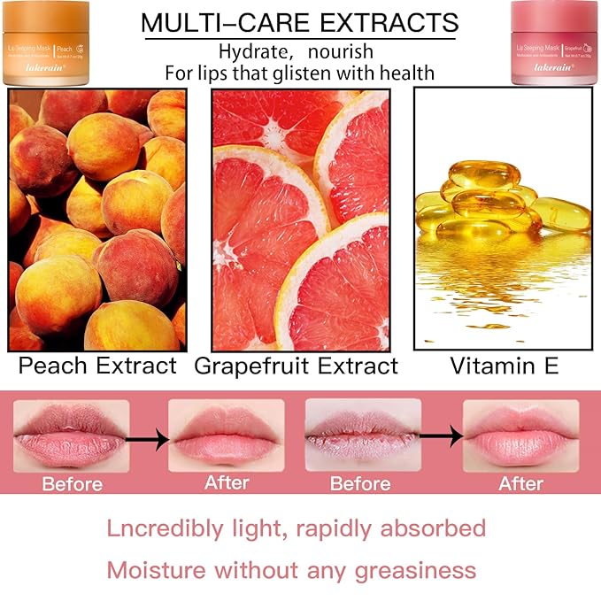 2PCS Lip Sleeping Mask, Lip Mask Overnight, Moisture & Lip Plumper Lip Wrinkles, Repair Lip Balm Prevention Dry and Cracked Lip Scrubs Exfoliato Smoothing Dry Lip Mask (Peach + Grapefruit)