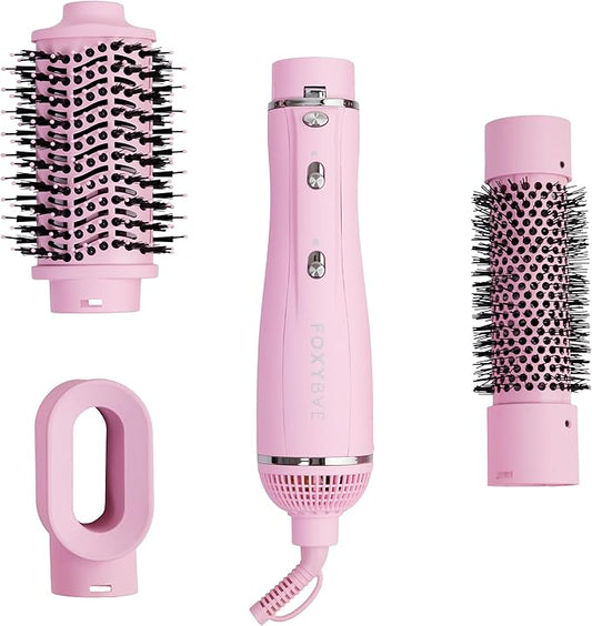 FoxyBae 3-in-1 Ceramic Interchangeable Hair Tools - Blowout Dryer - 3 Detachable Heads - 2.4" Blowout Brush, 1.5" Hot Round Brush & Drying Cylinder Hair Dryer Brush & Hair Styling Set [Party Pink]