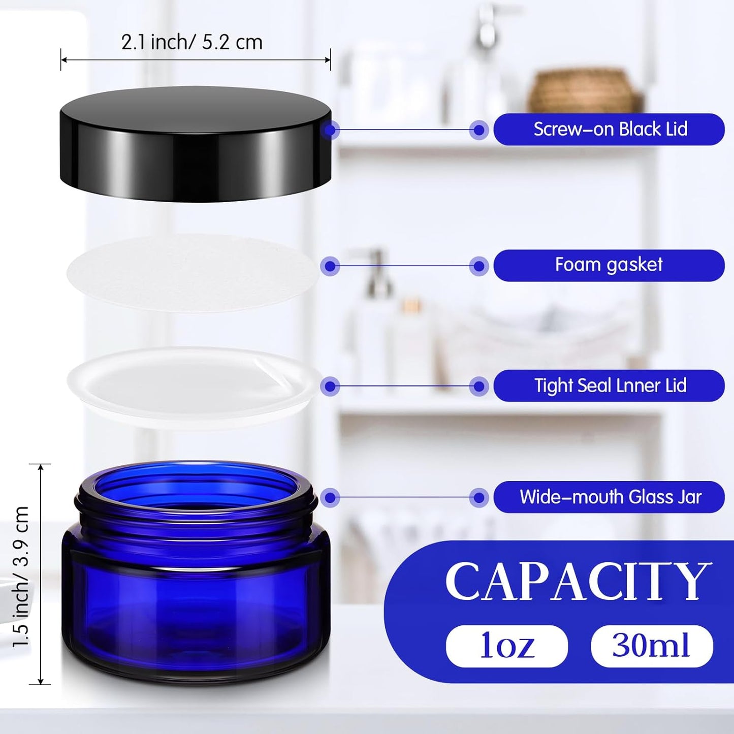 Domensi 100 Pcs 1 oz Glass Jars with Lids Bulk Round Glass Cosmetic Jars Lids 1 oz Small Travel Containers with Inner Liner for Lotions Powders Ointments Sample Cream(Cobalt Blue, Black)