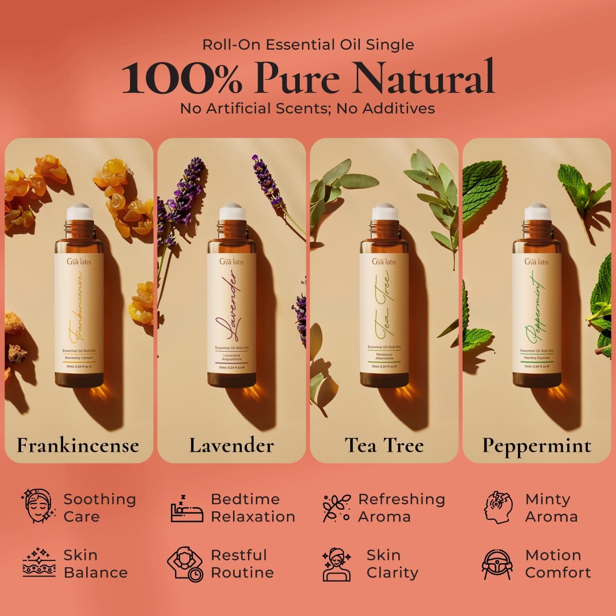 Gya Labs Classic Roll on Essential Oils Set - 100% Pure Natural Frankincense, Peppermint, Lavender, Tea Tree Oil Rollers for Skin & Body Comfort, Relaxing Gift for Women (0.34 Fl Oz Each)