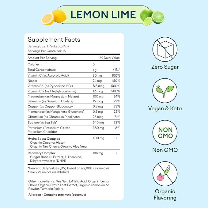 Feel Goods Hydration Hero, 1,000mg Electrolytes Powder, Sugar Free, Magnesium, Organic Aloe Vera, L Theanine, Vitamin C & B12, Non GMO, Keto, Vegan, Electrolyte Packets | Lemon Lime, 15 Count
