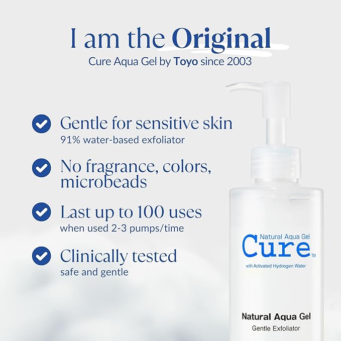 Cure by Toyo | Aqua Gel Gentle Exfoliator | Clear and Softer Skin | Non-Abrasive Face and Body Cleanser | Sensitive Skin | 2 Pack