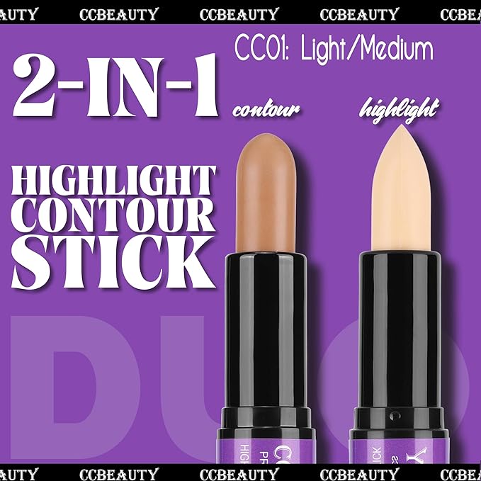 CCbeauty 2pcs 2-IN-1 Matte Contour Highlighter Stick with Blush,Cream Dual-End Highlight Bronzer Concealer & Blusher for Cheeks & Lip, Long Lasting Contouring for Face Shaping Makeup, Light-Medium