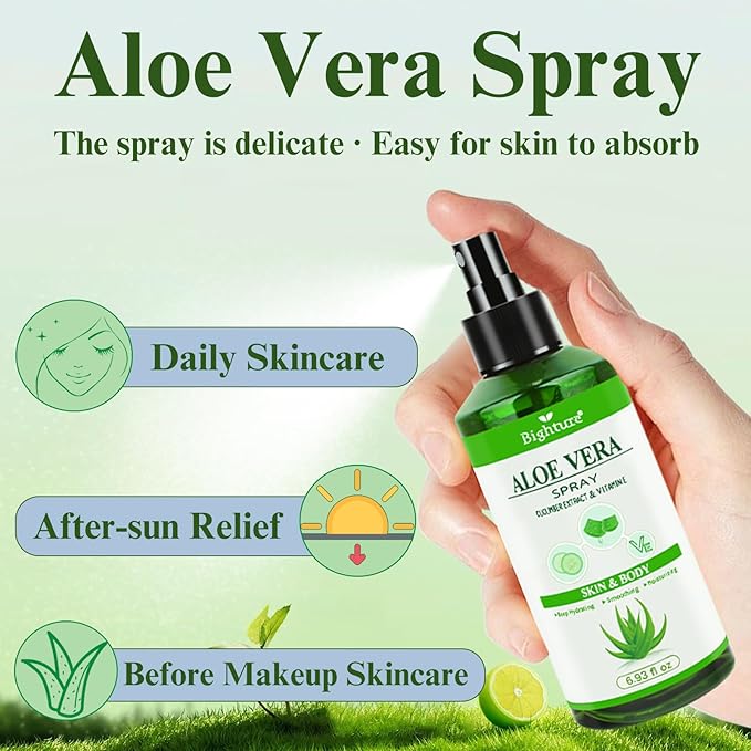 Aloe Vera Spray from Freshly Cut Pure Aloe, Aloe Vera Spray for Skin& Hair, Aloe Vera Spray for Sunburn Relief, 6.93oz, Absorbs Rapidly, Infused wirh Cucumber Essence