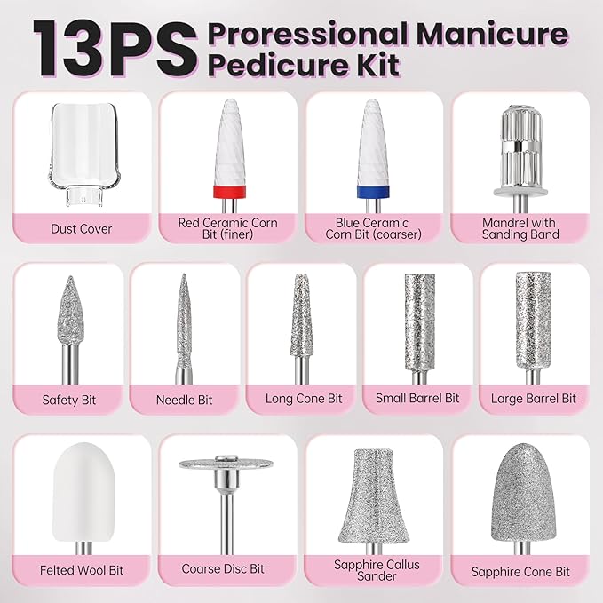 Electric Nail Drill, Cordless 2000 mAh Rechargeable Portable Nail File 12 in 1 Kit for Thick Toenails, 10 Speeds Nail Dril Machine Professional Manicure Pedicure for Hand Natural Nails Care (White)