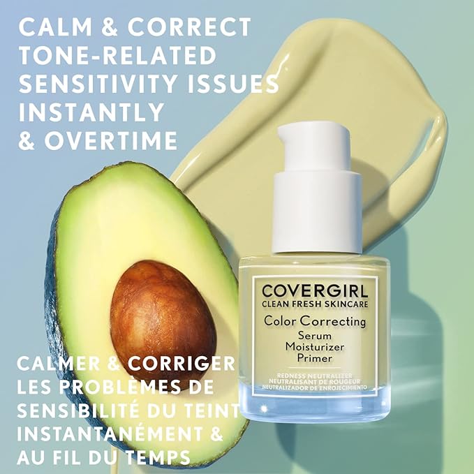 COVERGIRL Clean Fresh Color Correcting Serum + Moisturizer + Primer – Moisturizer, Face Primer, Covergirl Skincare, Vegan Formula – 100 - Fair, 30ml (1.0 fl oz)
