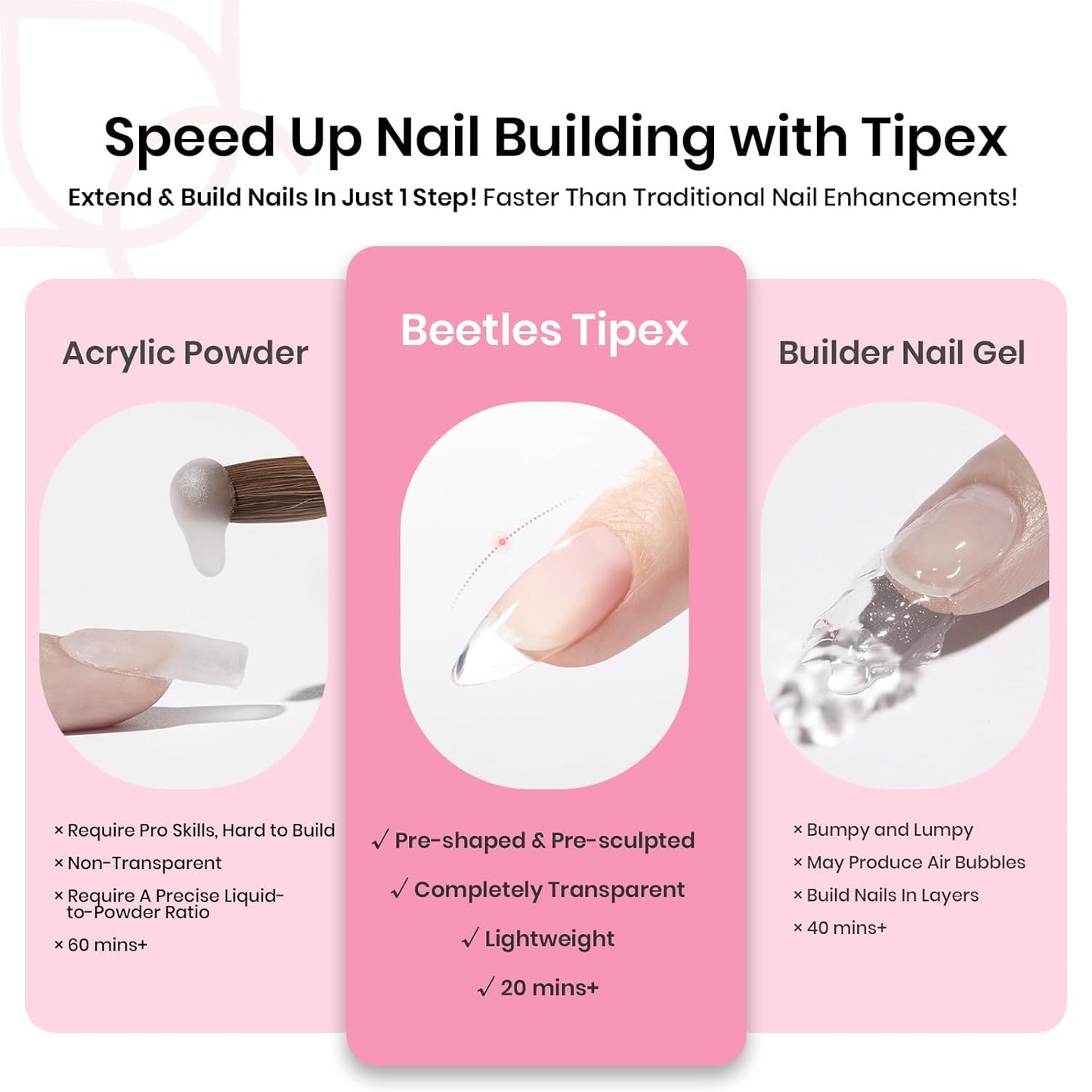 Beetles Tipex Gel Nail Kit, Medium Almond Nail Tips 224 Pcs 16 Sizes Pre-Building Pre-Etched False Nail Tips with Tipex Nail Glue, Mini Nail Lamp Thick Acrylic Nail Set Halloween Nails