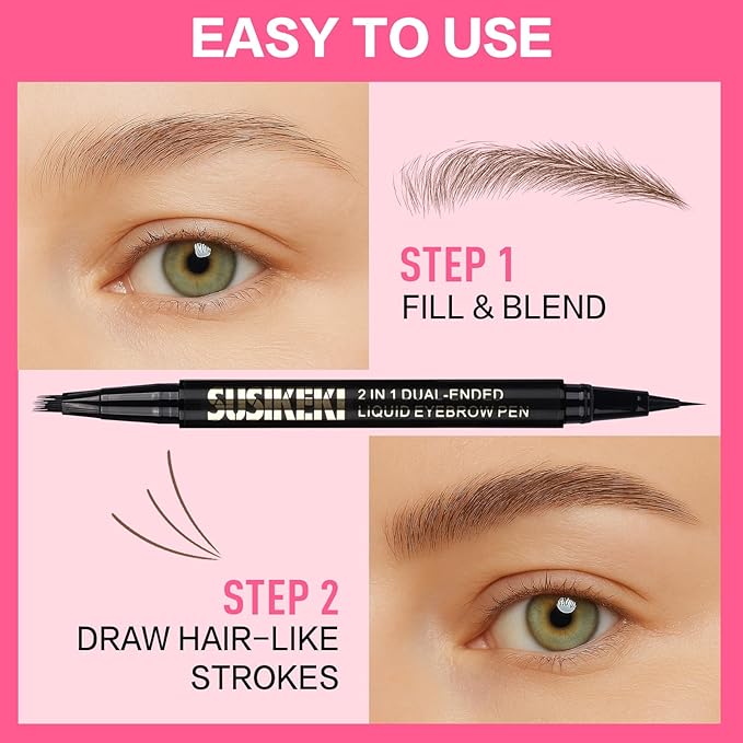 Dual Ended Microblading Eyebrow Pen - 2 in 1 Liquid Eyebrow Pencil with Brow-Fection Angled Brush & Precise Detail Brush-Tip, Shapes & Fills Hair-Like Looking Brows, Lasts All-Day, Dark Brown