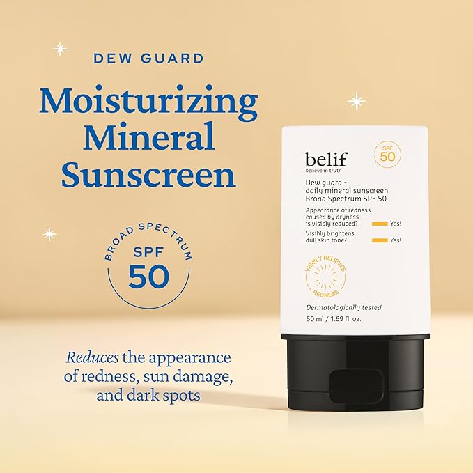 belif Dew Guard - Daily Mineral sun SPF 50 Hydrating Niacinamide Sunscreen (1.69 fl. oz) - Daily Broad Spectrum, Reduces Redness, No-White Cast, Non-Greasy, Korean Skincare