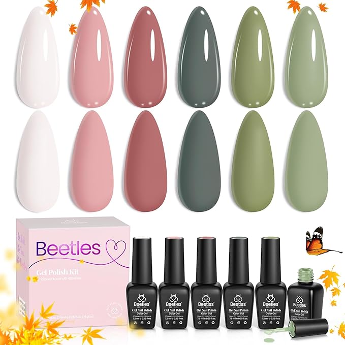 Beetles Gel Nail Polish, 6 Colors Sage Green Tranquil Grace Collection Pink Olive Green White UV Gel Nail Polish Manicure Art Design Gifts for Women